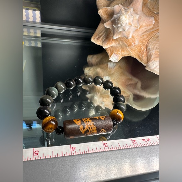 RAINBOW OBSIDIAN + TIGERS EYE + TIBETAN TUBE STONES  NATURAL BRACELET size 7.5” - Picture 6 of 11